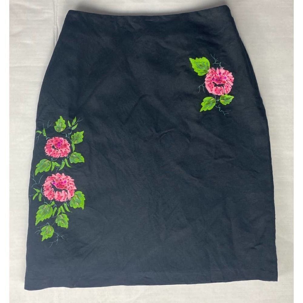 Cottagecore Larry Levine Linen Blend Floral Beaded Skirt Size 4